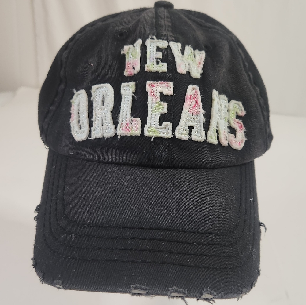 New Orleans Distresses Hat ballcap by Sun Hats.  Black with Floral Letters Adjus